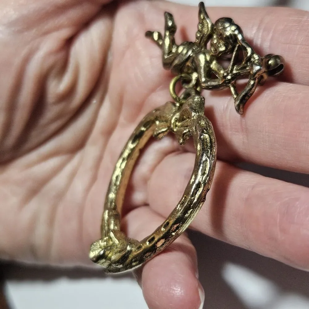 Vintage Danecraft Brooch Cherub Angel Ornate Heart Frame Gold Tone